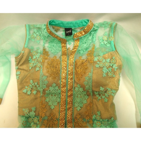 womens fancy SOCTH turquois‎ & gold saree top and cover, size L - Picture 7 of 16